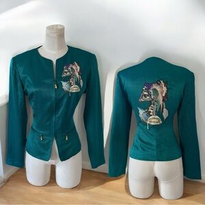 Upcycled 1980s vintage safe silk by Adrianna Papell teal green blazer